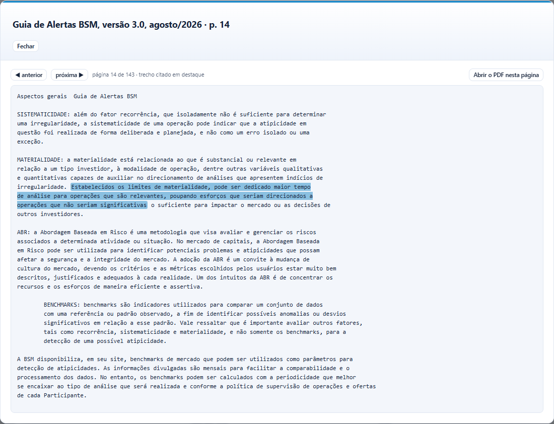 A página 14 do Guia de Alertas da BSM aberta na plataforma, com o trecho sobre materialidade em destaque